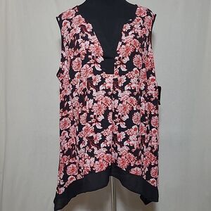 Signature Studio Top 1X Black Floral Trapeze Hem Sleeveless Popover Shirt Blouse